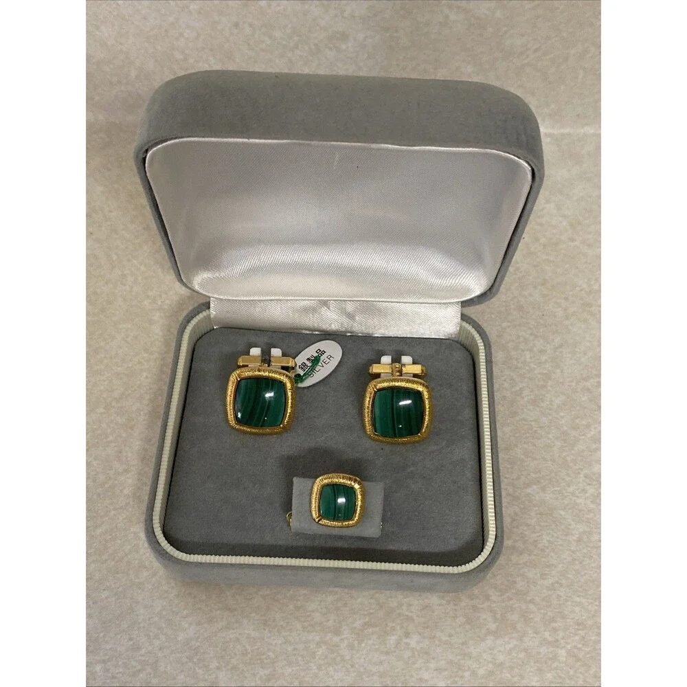 Vintage Japan Sterling Silver Gold-Plated Malachite Cufflink Gift Set